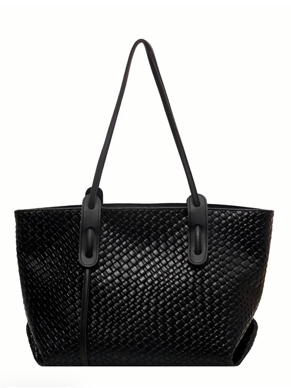 Black Woven Tote Bag with Double Shoulder Straps - Picture 6 of 9